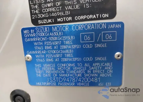 2007 Suzuki Grand Vitara Luxury из США, поврежденный, VIN JS3TD947874200481